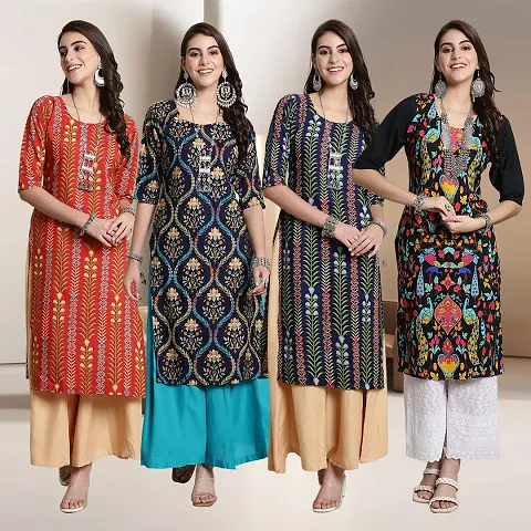 Fancy Straight Crepe Kurti - Pack Of 4