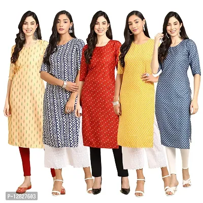 Attractive Straight Multicoloured Printed Crepe Kurta Combo For Women Pack Of 5