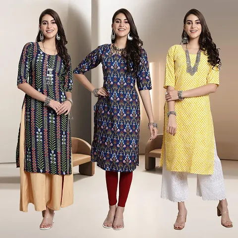 Fancy Multicoloured A-Line Crepe Kurtis - Pack Of 3