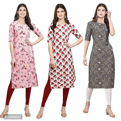 Women Crepe Digital Printed Straight Kurti  Pack of 3-thumb0