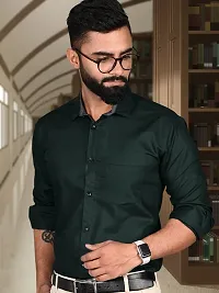 Men Stylish Green Cotton Solid Long Sleeve Semi Formal Shirt-thumb3
