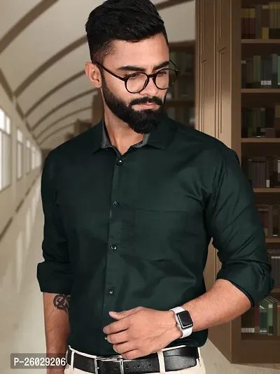 Men Stylish Green Cotton Solid Long Sleeve Semi Formal Shirt-thumb4