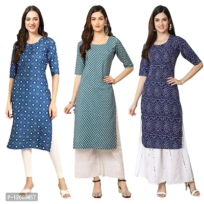 Women Crepe Digital Printed Straight Kurti  Pack of 3