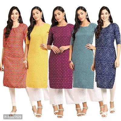 Attractive Straight Multicoloured Printed Crepe Kurta Combo For Women Pack Of 5