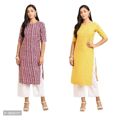 Fashionable Straight Multicoloured Printed Crepe Kurta For Women Combo Pack Of 2