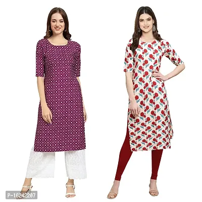 Stylish Straight Multicoloured Printed Crepe Kurta For Women Combo Pack Of 2-thumb0