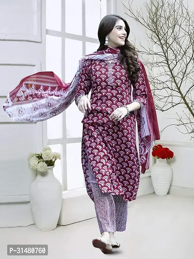 Stylish Cotton Blend Printed Kurta With Pant And Dupatta Set For Women-thumb0