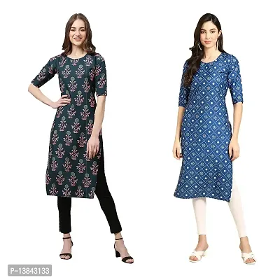 Stylish Straight Multicoloured Printed Crepe Kurta For Women Combo Pack Of 2-thumb0