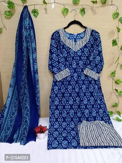 Fancy Cotton Blend Kurta Bottom And Dupatta Set For Women