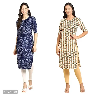 Stylish Straight Multicoloured Printed Crepe Kurta For Women Combo Pack Of 2-thumb0