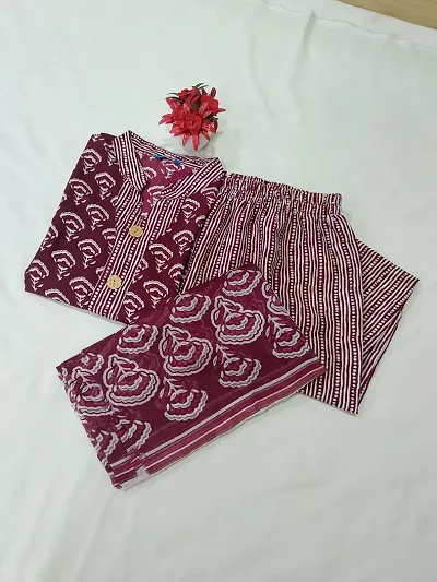 Stylish Cotton Printed Kurta Bottom Dupatta Set