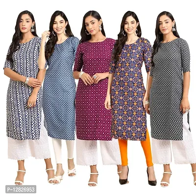 Women Crepe Digital Printed Straight Kurti { Pack of 5 }-thumb0