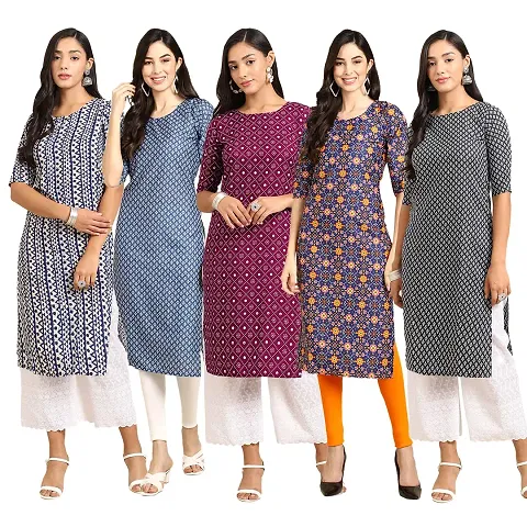 Stylish Fancy Crepe Digital Straight Kurti Combo For Women Pack Of 5