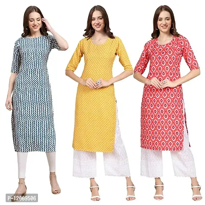 Women Crepe Digital Printed Straight Kurti  Pack of 3