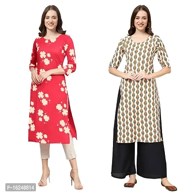 Stylish Straight Multicoloured Printed Crepe Kurta For Women Combo Pack Of 2