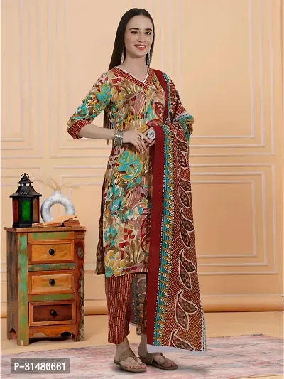 Stylish Multicoloured Cotton Blend Printed Kurta, Bottom and Dupatta Set For Women-thumb3