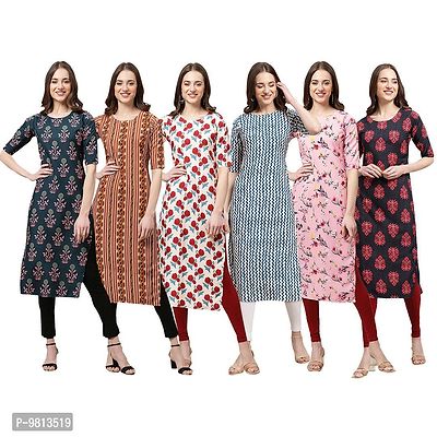 Women Crepe Digital Printed Straight Kurti  Pack of 6