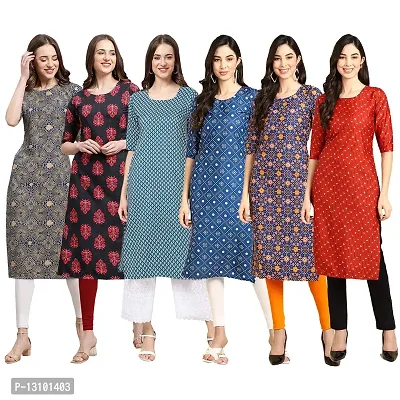 Women Crepe Digital Printed Straight Kurti  Pack of 6