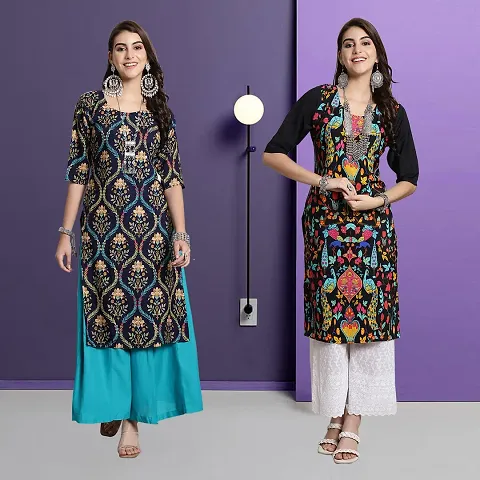 Fancy Crepe Printed A-Line Kurta - Pack Of 2