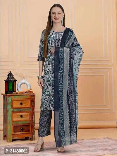 Stylish Blue Cotton Blend Printed Kurta, Bottom and Dupatta Set For Women-thumb0