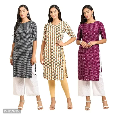 Elite Crepe Printed Straight Stitched Kurta For Women- Pack Of 3