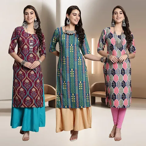 Fancy Crepe Multicoloured A-Line Kurtis - Pack Of 3