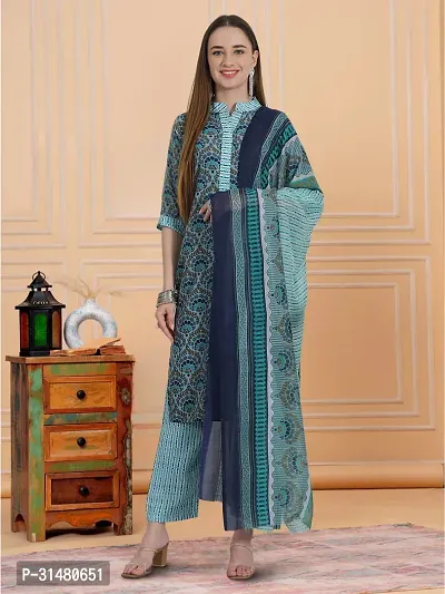 Stylish Teal Cotton Blend Printed Kurta, Bottom and Dupatta Set For Women-thumb0