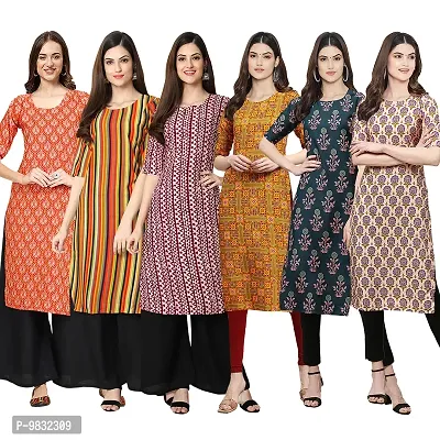 Women Crepe Digital Printed Straight Kurti  Pack of 6-thumb0