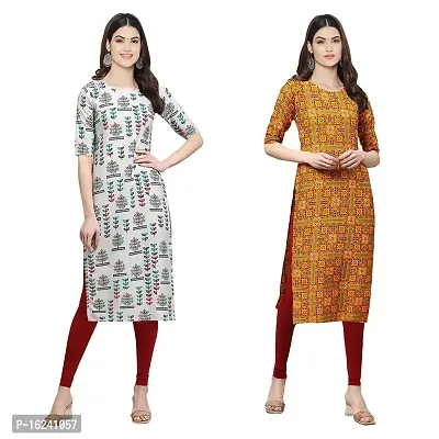 Stylish Straight Multicoloured Printed Crepe Kurta For Women Combo Pack Of 2