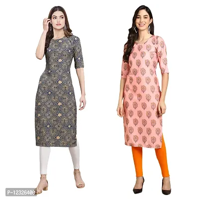 Straight Multicoloured Printed Crepe Kurta Pack Of 2