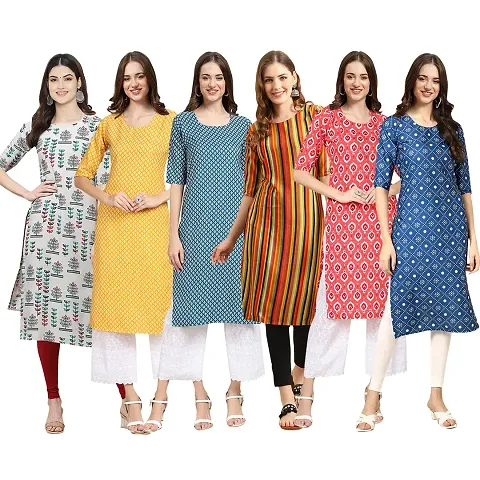 Stylish Crepe Straight Printed Kurta - Pack Of 6