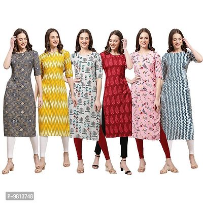 Women Crepe Digital Printed Straight Kurti  Pack of 6-thumb0