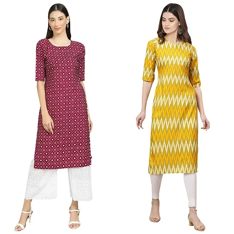 Pack Of 2- Crepe Printed Straight Kurtis