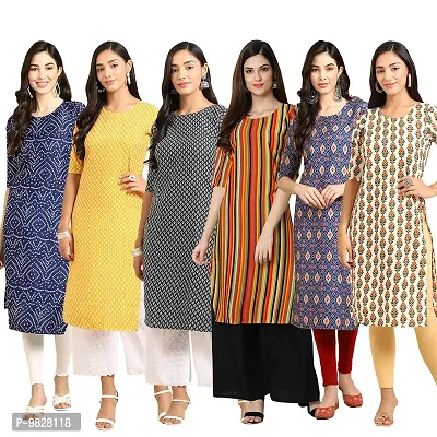 Women Crepe Digital Printed Straight Kurti  Pack of 6-thumb0