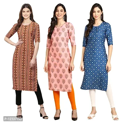 Elite Crepe Printed Straight Stitched Kurta For Women- Pack Of 3