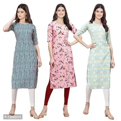 Women Crepe Digital Printed Straight Kurti  Pack of 3