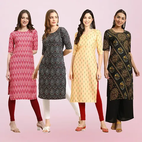 Stylish Crepe Printed Straight Kurtas Pack Of 4