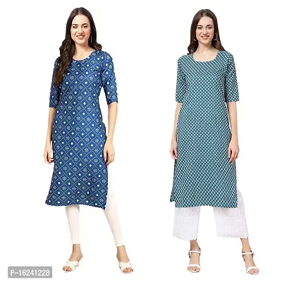 Stylish Straight Multicoloured Printed Crepe Kurta For Women Combo Pack Of 2-thumb0