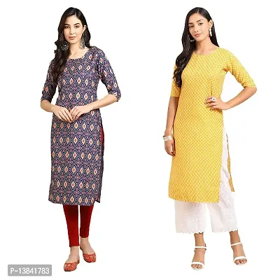 Stylish Straight Multicoloured Printed Crepe Kurta For Women Combo Pack Of 2