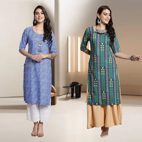 Fancy Rayon Multicoloured Straight Kurti - Pack Of 2