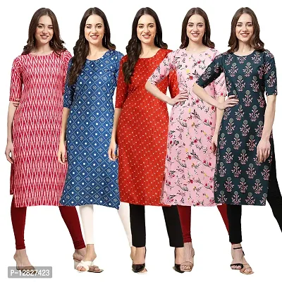 Attractive Straight Multicoloured Printed Crepe Kurta Combo For Women Pack Of 5-thumb0