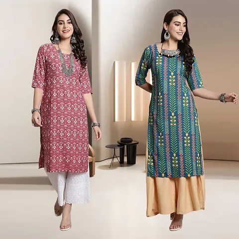 Fancy Crepe Multicoloured Straight Kurti - Pack Of 2