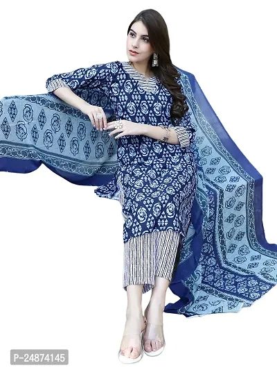 Stylish Cotton A-Line Navy Blue Printed Kurta, Bottom and Dupatta Set For Women