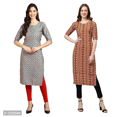 Straight Multicoloured Printed Crepe Kurta Pack Of 2