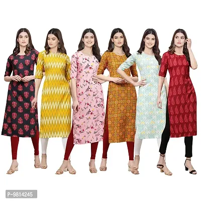 Women Crepe Digital Printed Straight Kurti  Pack of 6