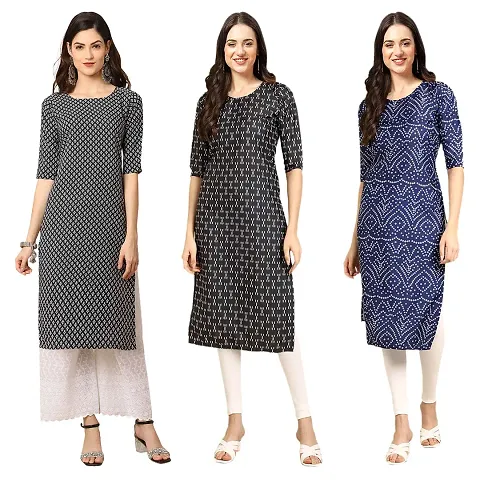 Women Crepe Digital Straight Kurti Pack of 3