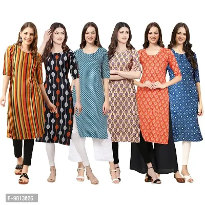 Women Crepe Digital Printed Straight Kurti  Pack of 6-thumb0