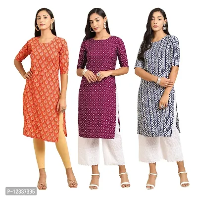 Elite Crepe Printed Straight Stitched Kurta For Women- Pack Of 3