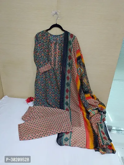 Elegant Cotton Printed Kurta with Pant And Dupatta Set For Women-thumb0