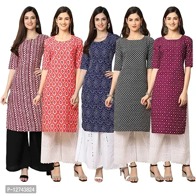 Stylish Crepe Digital Printed Straight Kurti For Women Pack of 5-thumb0